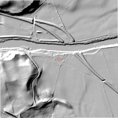 Shaded relief map of the ground around NE463SB, computed from Environment Agency LiDAR. The ground here sits at about 40 m above sea level and falls 42 m across the surrounding 800 m. Surface water reaching this point runs off ground lying to the west, 1.3 m higher.