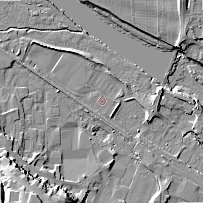 Shaded relief map of the ground around NE463SG, computed from Environment Agency LiDAR. The ground here sits at about 35 m above sea level and falls 26 m across the surrounding 800 m. Surface water reaching this point runs off ground lying to the north-north-west, 3.4 m higher.