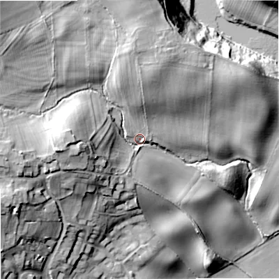 Shaded relief map of the ground around NE464AT, computed from Environment Agency LiDAR. The ground here sits at about 78 m above sea level and falls 38 m across the surrounding 800 m. Surface water reaching this point runs off ground lying to the north-west, 17.6 m higher.