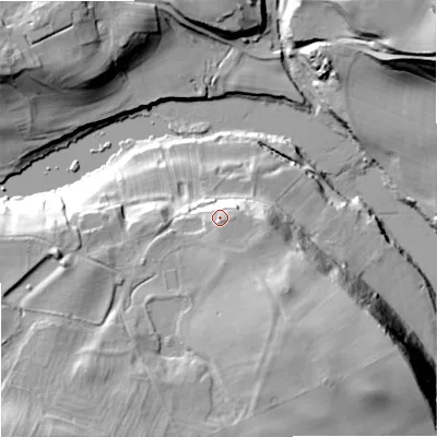 Shaded relief map of the ground around NE464AY, computed from Environment Agency LiDAR. The ground here sits at about 83 m above sea level and falls 41 m across the surrounding 800 m. Surface water reaching this point runs off ground lying to the south-east, 3.2 m higher.
