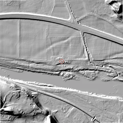 Shaded relief map of the ground around NE464DP, computed from Environment Agency LiDAR. The ground here sits at about 36 m above sea level and falls 44 m across the surrounding 800 m. Surface water reaching this point runs off ground lying to the west-south-west, 0.6 m higher.