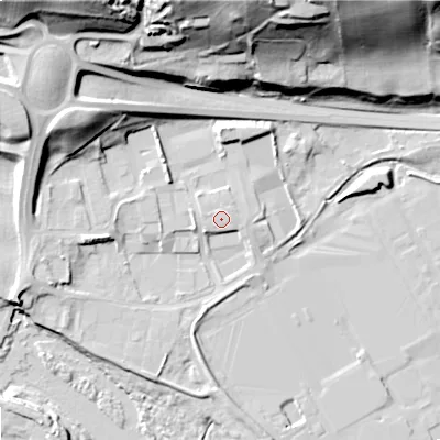 Shaded relief map of the ground around NE464DQ, computed from Environment Agency LiDAR. The ground here sits at about 36 m above sea level and falls 44 m across the surrounding 800 m. Surface water reaching this point runs off ground lying to the south-west, 2.8 m higher.