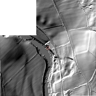 Shaded relief map of the ground around NE464DS, computed from Environment Agency LiDAR. The ground here sits at about 48 m above sea level and falls 78 m across the surrounding 800 m. Surface water reaching this point runs off ground lying to the east, 73.4 m higher.