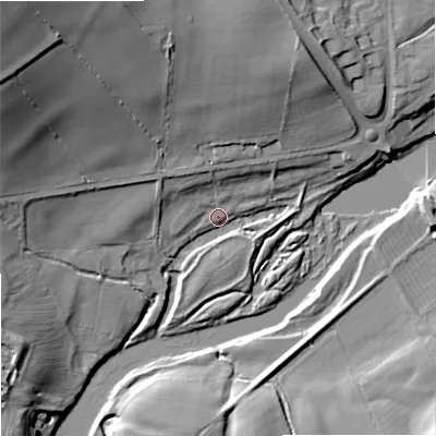 Shaded relief map of the ground around NE464ES, computed from Environment Agency LiDAR. The ground here sits at about 55 m above sea level and falls 43 m across the surrounding 800 m. Surface water reaching this point runs off ground lying to the north-west, 38.3 m higher.