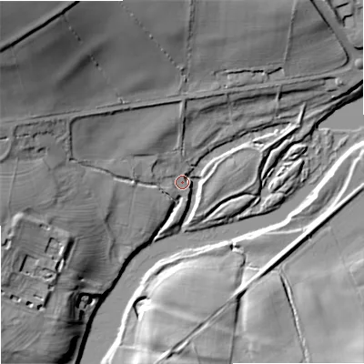 Shaded relief map of the ground around NE464ET, computed from Environment Agency LiDAR. The ground here sits at about 54 m above sea level and falls 44 m across the surrounding 800 m. Surface water reaching this point runs off ground lying to the west-north-west, 21.5 m higher.
