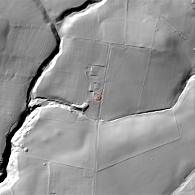 Shaded relief map of the ground around NE464HG, computed from Environment Agency LiDAR. The ground here sits at about 199 m above sea level and falls 85 m across the surrounding 800 m. Surface water reaching this point runs off ground lying to the north-east, 28.4 m higher.