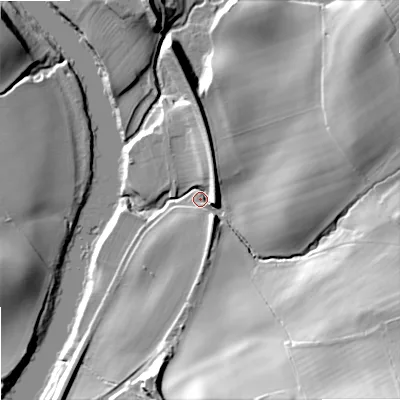 Shaded relief map of the ground around NE464HL, computed from Environment Agency LiDAR. The ground here sits at about 61 m above sea level and falls 49 m across the surrounding 800 m. Surface water reaching this point runs off ground lying to the south-east, 43.1 m higher.