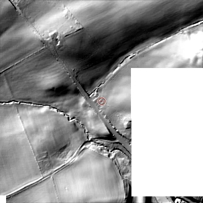 Shaded relief map of the ground around NE464HT, computed from Environment Agency LiDAR. The ground here sits at about 97 m above sea level and falls 39 m across the surrounding 800 m. Surface water reaching this point runs off ground lying to the east-south-east, 11.0 m higher.