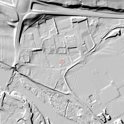 Shaded relief map of the ground around NE464JA, computed from Environment Agency LiDAR. The ground here sits at about 33 m above sea level and falls 25 m across the surrounding 800 m. Surface water reaching this point runs off ground lying to the north-north-east, 3.7 m higher.