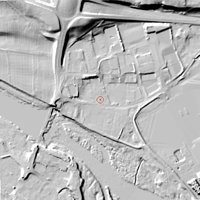Shaded relief map of the ground around NE464JN, computed from Environment Agency LiDAR. The ground here sits at about 34 m above sea level and falls 25 m across the surrounding 800 m. Surface water reaching this point runs off ground lying to the north-north-west, 20.8 m higher.