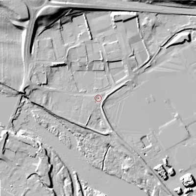 Shaded relief map of the ground around NE464JR, computed from Environment Agency LiDAR. The ground here sits at about 33 m above sea level and falls 23 m across the surrounding 800 m. Surface water reaching this point runs off ground lying to the north-east, 3.0 m higher.