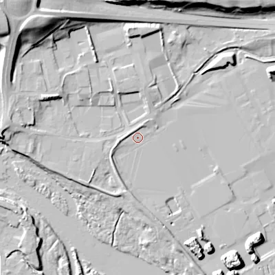 Shaded relief map of the ground around NE464JS, computed from Environment Agency LiDAR. The ground here sits at about 33 m above sea level and falls 24 m across the surrounding 800 m. Surface water reaching this point runs off ground lying to the west-south-west, 2.1 m higher.