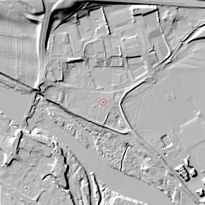 Shaded relief map of the ground around NE464JW, computed from Environment Agency LiDAR. The ground here sits at about 34 m above sea level and falls 23 m across the surrounding 800 m. Surface water reaching this point runs off ground lying to the north-east, 3.0 m higher.