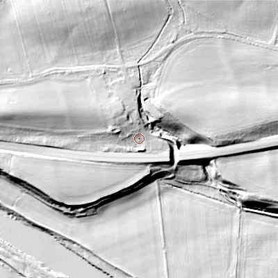 Shaded relief map of the ground around NE464LR, computed from Environment Agency LiDAR. The ground here sits at about 42 m above sea level and falls 31 m across the surrounding 800 m. Surface water reaching this point runs off ground lying to the north-north-west, 5.0 m higher.