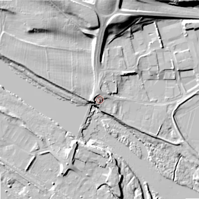 Shaded relief map of the ground around NE464NT, computed from Environment Agency LiDAR. The ground here sits at about 36 m above sea level and falls 24 m across the surrounding 800 m. Surface water reaching this point runs off ground lying to the north-north-west, 4.0 m higher.
