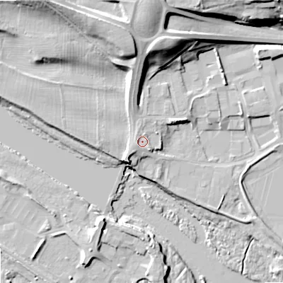 Shaded relief map of the ground around NE464NU, computed from Environment Agency LiDAR. The ground here sits at about 36 m above sea level and falls 26 m across the surrounding 800 m. Surface water reaching this point runs off ground lying to the south-west, 1.7 m higher.