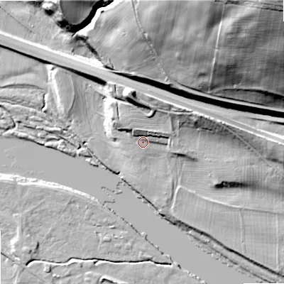Shaded relief map of the ground around NE464PB, computed from Environment Agency LiDAR. The ground here sits at about 38 m above sea level and falls 73 m across the surrounding 800 m. Surface water reaching this point runs off ground lying to the north-north-west, 14.0 m higher.