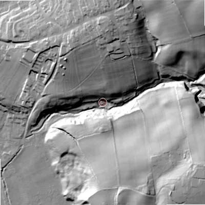 Shaded relief map of the ground around NE464PQ, computed from Environment Agency LiDAR. The ground here sits at about 50 m above sea level and falls 71 m across the surrounding 800 m. Surface water reaching this point runs off ground lying to the north-east, 58.9 m higher.