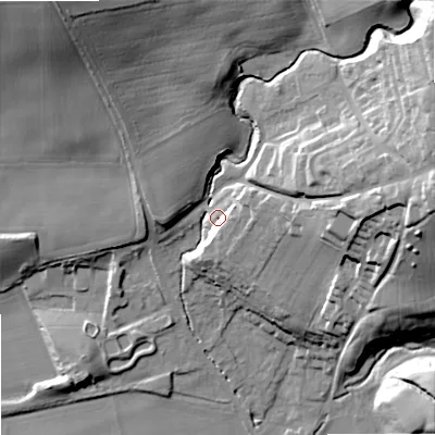 Shaded relief map of the ground around NE464QD, computed from Environment Agency LiDAR. The ground here sits at about 50 m above sea level and falls 44 m across the surrounding 800 m. Surface water reaching this point runs off ground lying to the north-east, 36.7 m higher.
