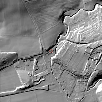 Shaded relief map of the ground around NE464QE, computed from Environment Agency LiDAR. The ground here sits at about 48 m above sea level and falls 41 m across the surrounding 800 m. Surface water reaching this point runs off ground lying to the north-west, 5.7 m higher.