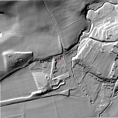 Shaded relief map of the ground around NE464QH, computed from Environment Agency LiDAR. The ground here sits at about 46 m above sea level and falls 35 m across the surrounding 800 m. Surface water reaching this point runs off ground lying to the north, 10.7 m higher.