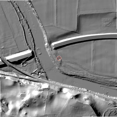 Shaded relief map of the ground around NE464QJ, computed from Environment Agency LiDAR. The ground here sits at about 37 m above sea level and falls 47 m across the surrounding 800 m. Surface water reaching this point runs off ground lying to the north-west, 2.0 m higher.