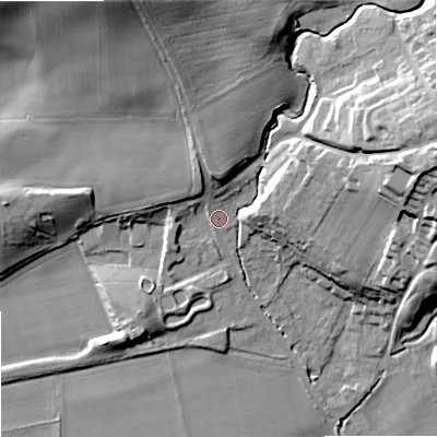 Shaded relief map of the ground around NE464QL, computed from Environment Agency LiDAR. The ground here sits at about 46 m above sea level and falls 37 m across the surrounding 800 m. Surface water reaching this point runs off ground lying to the north-north-west, 25.6 m higher.