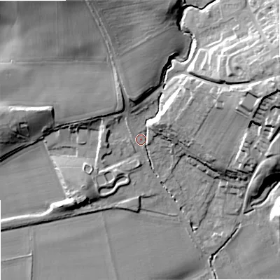 Shaded relief map of the ground around NE464QN, computed from Environment Agency LiDAR. The ground here sits at about 45 m above sea level and falls 39 m across the surrounding 800 m. Surface water reaching this point runs off ground lying to the east-north-east, 31.4 m higher.