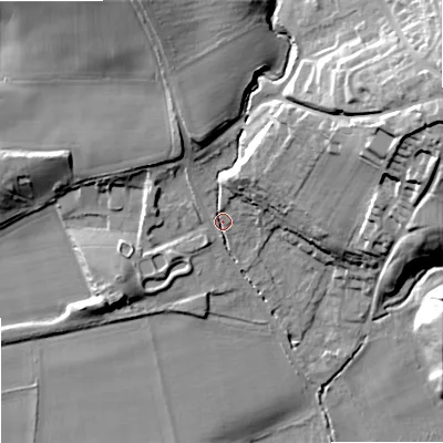 Shaded relief map of the ground around NE464QP, computed from Environment Agency LiDAR. The ground here sits at about 44 m above sea level and falls 41 m across the surrounding 800 m. Surface water reaching this point runs off ground lying to the east-north-east, 32.7 m higher.
