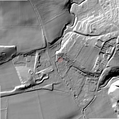 Shaded relief map of the ground around NE464QR, computed from Environment Agency LiDAR. The ground here sits at about 45 m above sea level and falls 42 m across the surrounding 800 m. Surface water reaching this point runs off ground lying to the east-north-east, 32.2 m higher.
