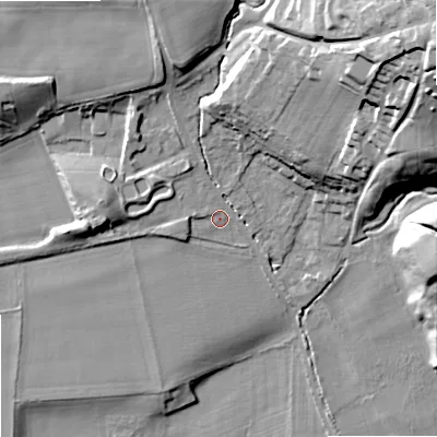 Shaded relief map of the ground around NE464QS, computed from Environment Agency LiDAR. The ground here sits at about 43 m above sea level and falls 44 m across the surrounding 800 m. Surface water reaching this point runs off ground lying to the west-north-west, 4.0 m higher.