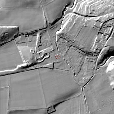 Shaded relief map of the ground around NE464QT, computed from Environment Agency LiDAR. The ground here sits at about 43 m above sea level and falls 42 m across the surrounding 800 m. Surface water reaching this point runs off ground lying to the north-east, 33.6 m higher.