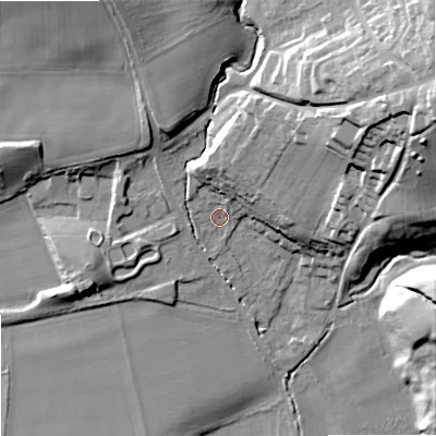 Shaded relief map of the ground around NE464QU, computed from Environment Agency LiDAR. The ground here sits at about 43 m above sea level and falls 47 m across the surrounding 800 m. Surface water reaching this point runs off ground lying to the north-east, 25.5 m higher.