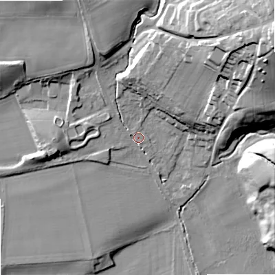 Shaded relief map of the ground around NE464QX, computed from Environment Agency LiDAR. The ground here sits at about 43 m above sea level and falls 46 m across the surrounding 800 m. Surface water reaching this point runs off ground lying to the north-east, 38.9 m higher.