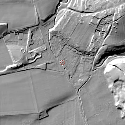 Shaded relief map of the ground around NE464QY, computed from Environment Agency LiDAR. The ground here sits at about 43 m above sea level and falls 47 m across the surrounding 800 m. Surface water reaching this point runs off ground lying to the north-east, 39.9 m higher.