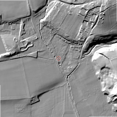 Shaded relief map of the ground around NE464RA, computed from Environment Agency LiDAR. The ground here sits at about 41 m above sea level and falls 48 m across the surrounding 800 m. Surface water reaching this point runs off ground lying to the north-north-east, 29.3 m higher.