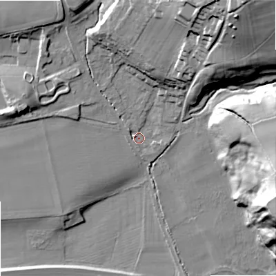 Shaded relief map of the ground around NE464RB, computed from Environment Agency LiDAR. The ground here sits at about 40 m above sea level and falls 46 m across the surrounding 800 m. Surface water reaching this point runs off ground lying to the north-west, 2.6 m higher.