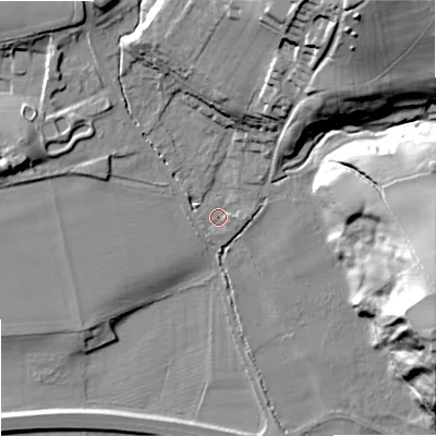Shaded relief map of the ground around NE464RD, computed from Environment Agency LiDAR. The ground here sits at about 40 m above sea level and falls 46 m across the surrounding 800 m. Surface water reaching this point runs off ground lying to the north-north-east, 33.3 m higher.