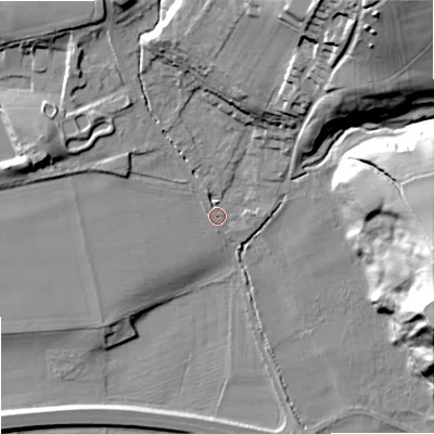 Shaded relief map of the ground around NE464RE, computed from Environment Agency LiDAR. The ground here sits at about 41 m above sea level and falls 44 m across the surrounding 800 m. Surface water reaching this point runs off ground lying to the north-north-west, 1.9 m higher.