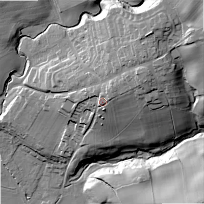 Shaded relief map of the ground around NE464RF, computed from Environment Agency LiDAR. The ground here sits at about 77 m above sea level and falls 61 m across the surrounding 800 m. Surface water reaching this point runs off ground lying to the north-east, 7.9 m higher.