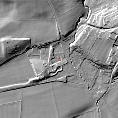 Shaded relief map of the ground around NE464RU, computed from Environment Agency LiDAR. The ground here sits at about 44 m above sea level and falls 38 m across the surrounding 800 m. Surface water reaching this point runs off ground lying to the north, 12.3 m higher.