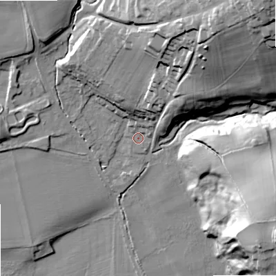 Shaded relief map of the ground around NE464RZ, computed from Environment Agency LiDAR. The ground here sits at about 42 m above sea level and falls 55 m across the surrounding 800 m. Surface water reaching this point runs off ground lying to the north-north-east, 31.9 m higher.