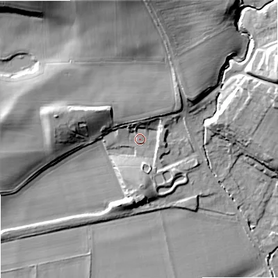 Shaded relief map of the ground around NE464SA, computed from Environment Agency LiDAR. The ground here sits at about 44 m above sea level and falls 31 m across the surrounding 800 m. Surface water reaching this point runs off ground lying to the north, 23.6 m higher.