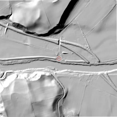 Shaded relief map of the ground around NE464SH, computed from Environment Agency LiDAR. The ground here sits at about 39 m above sea level and falls 46 m across the surrounding 800 m. Surface water reaching this point runs off ground lying to the west, 2.4 m higher.
