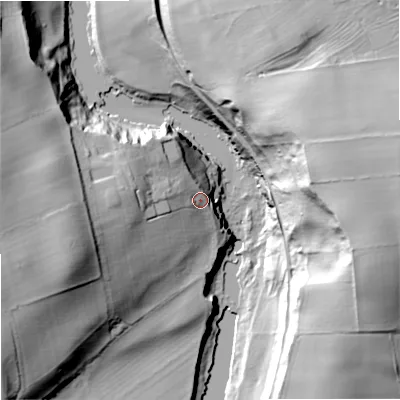 Shaded relief map of the ground around NE464SP, computed from Environment Agency LiDAR. The ground here sits at about 55 m above sea level and falls 61 m across the surrounding 800 m. Surface water reaching this point runs off ground lying to the west, 9.9 m higher.