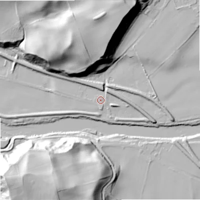 Shaded relief map of the ground around NE464SQ, computed from Environment Agency LiDAR. The ground here sits at about 40 m above sea level and falls 46 m across the surrounding 800 m. Surface water reaching this point runs off ground lying to the north-north-west, 36.7 m higher.