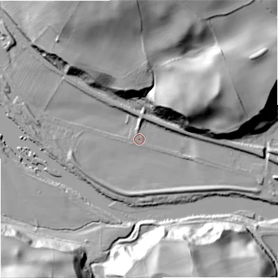 Shaded relief map of the ground around NE464SS, computed from Environment Agency LiDAR. The ground here sits at about 40 m above sea level and falls 48 m across the surrounding 800 m. Surface water reaching this point runs off ground lying to the north-north-west, 36.8 m higher.