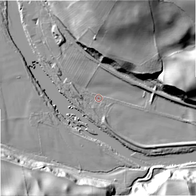 Shaded relief map of the ground around NE464ST, computed from Environment Agency LiDAR. The ground here sits at about 40 m above sea level and falls 52 m across the surrounding 800 m. Surface water reaching this point runs off ground lying to the west-north-west, 2.6 m higher.
