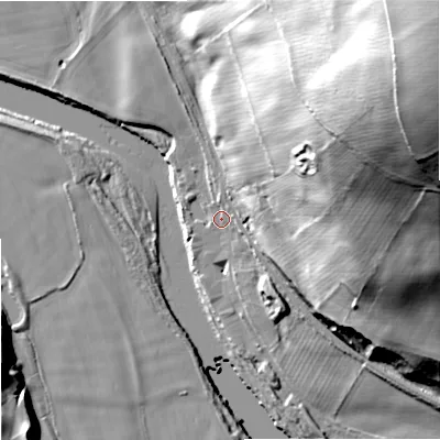 Shaded relief map of the ground around NE464SX, computed from Environment Agency LiDAR. The ground here sits at about 43 m above sea level and falls 94 m across the surrounding 800 m. Surface water reaching this point runs off ground lying to the north-east, 88.8 m higher.