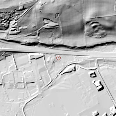 Shaded relief map of the ground around NE464TU, computed from Environment Agency LiDAR. The ground here sits at about 33 m above sea level and falls 67 m across the surrounding 800 m. Surface water reaching this point runs off ground lying to the west, 15.8 m higher.